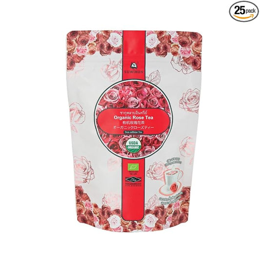 Suwirun Organic Rose Tea 25 Bags – 100% Pure Rose Petals – Delicate Floral Aroma, Naturally Caffeine-Free – Relaxing Herbal Tea, Enjoy Hot or Cold