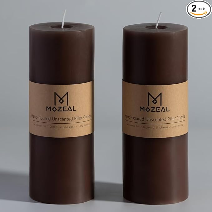 MOZEAL 3" x 8" Hand-Poured Unscented Large Candle, Smokeless Rustic Pillar Candle Set of 2, Slow Burn, No Drip, Approx 150 Hours Burning, Wedding, Winter and Home Decorative, Tall Taupe Gray Candle
