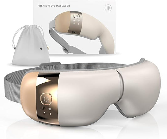 HubiCare Eye Massager with Heat, Vibration, and Music Helps Relieve Strain, Dark Circles, Dryness, and for Migraine Relief Relaxation and Better Sleep Gifts for Women/Men (Beige)