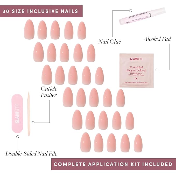 Glamnetic Press On Nails - Sheer Pink | Medium Almond Fake Nails, Sheer Light Pink Neutral, Salon Quality | 15 Sizes - 30 Nail Kit Wtih Glue