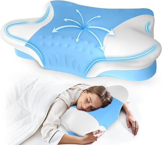 Cervical Neck Pillows with Memory Foam - Ergonomic Neck Support Pillows for Pain Relief Contour Memory Foam - Adjustable Orthopedic Bed Pillows with Cooling Breathable Pillowcase for Sleeping - Blue