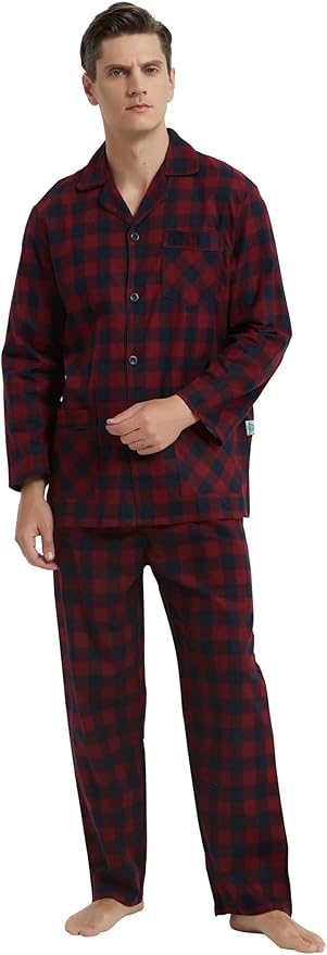GLOBAL Men's Pajamas Sets 100% Cotton Flannel Sleepwear Long-Sleeve top & Bottom