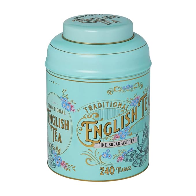 New English Teas Vintage Victorian Tea Tin with 240 English Breakfast Teabags for Tea Lovers, Forget Me Not Florals & Classic Tea Set Design
