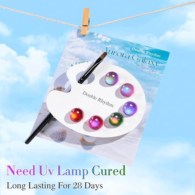 Double Rhythm Cat Eye Gel Nail Polish Set of 6 Same Color Same Bottle 0.5 Oz Shimmer Glitter with Magnet Holographic Reflective Magnetic UV Nail Polish Kit at Home (Aurora Galaxy Burgundy-T6-58)