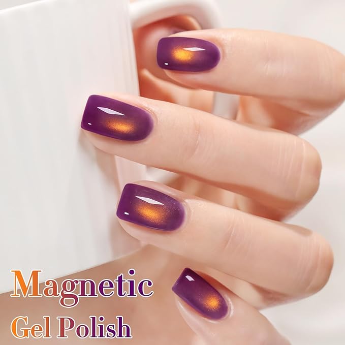 Double Rhythm Jelly Glass Cat Eye Gel Polish with Magnet 15ML Holographic Glitter Shimmer Translucent Sheer Color Magnetic Nail Polish Salon DIY at Home (Golden Purple-MC1254)