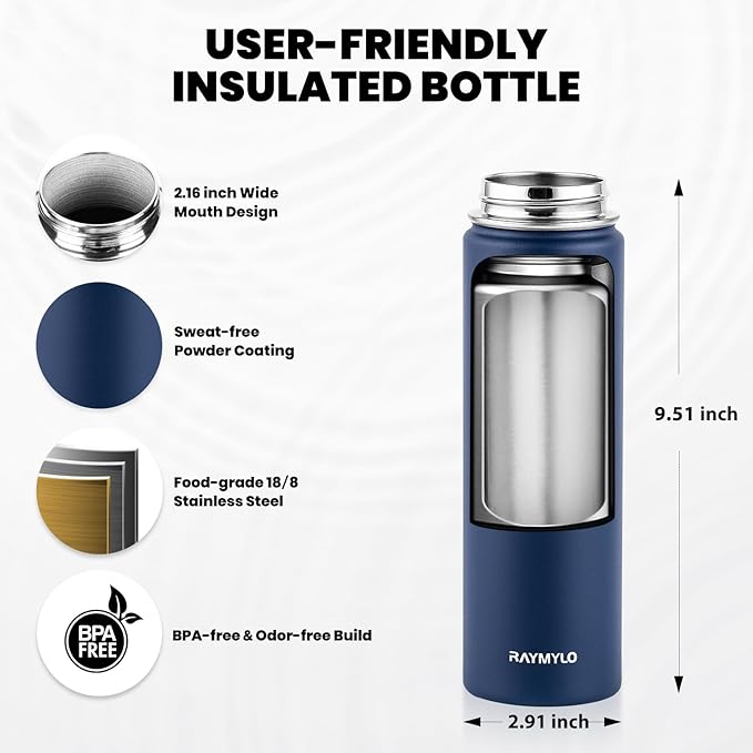 Insulated Water Bottle 20 oz, Triple Wall Vacuum Stainless Steel (Cold for 48 Hrs), Leak Proof & Non-BPA, Kids Water Bottle Jug for School with Straw Spout Lids, Navy Blue