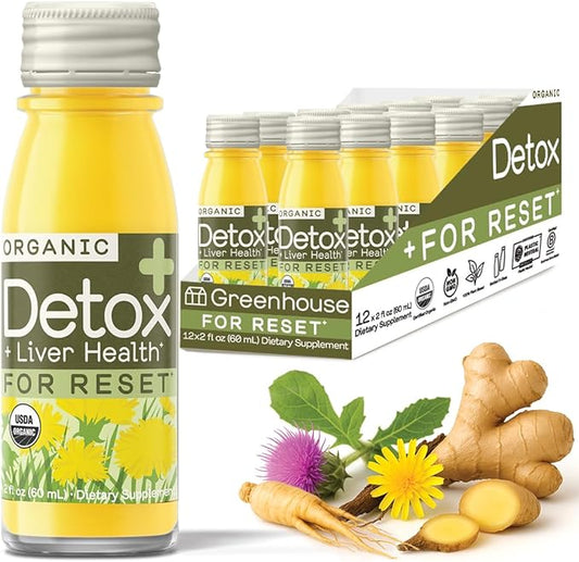 Greenhouse Juice Detox Wellness Shots Organic Immunity Shots Juice Liver Health Wellness + Anti-Inflammatory with Ginseng, Milk Thistle, and Dandelion Vegan & Gluten-Free (2 Oz, Pack of 12)