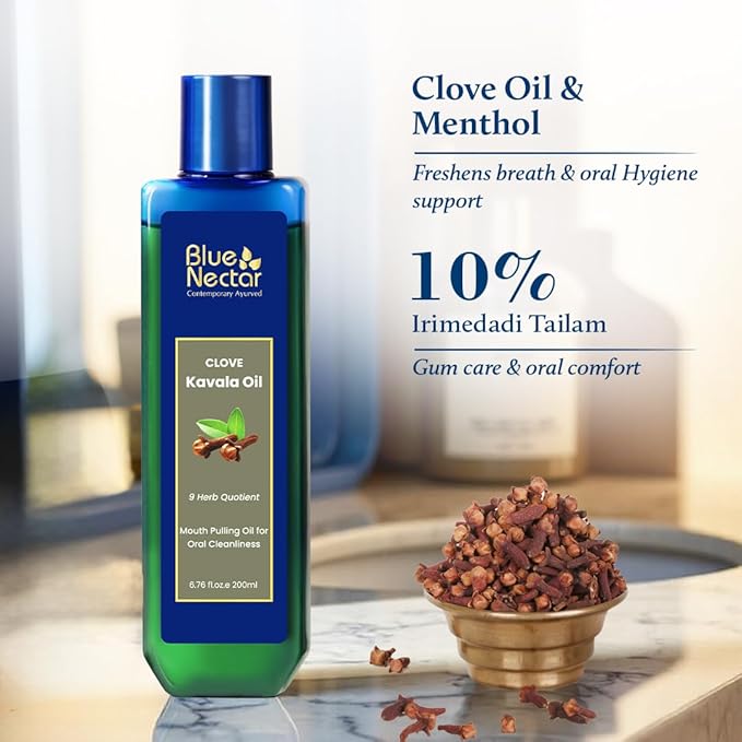 Blue Nectar Clove Oil Pulling for Mouth | Ayurvedic Mouth Wash for Oral Care | Natural Coconut Oil for Oral Care & Fresh Breath | Alcohol Free Mouthwash (9 Herbs, 6.76 Fl Oz)