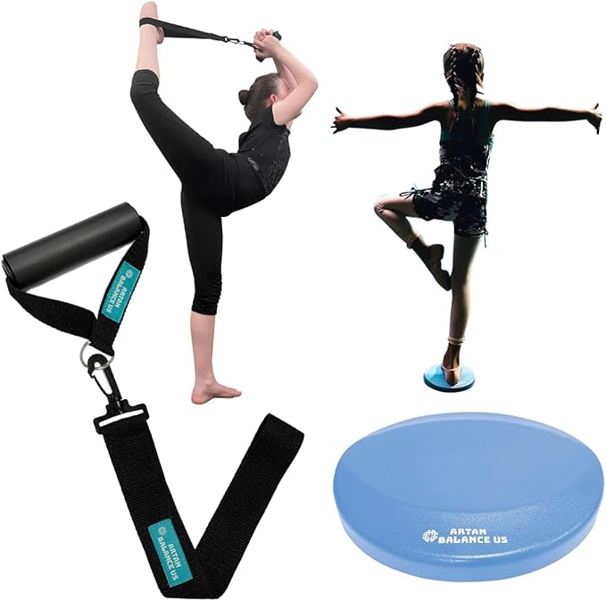 Dance, Cheerleading and Figureskating Trainer Stretching and Balance, 2 Pc. Set, Stretching, Disc Core Board and Flexibility Equipment Strap for Dance, Gymnastics, Turning, Stunt
