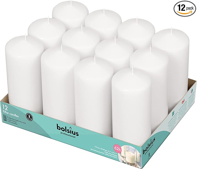 BOLSIUS 12 White Pillar Candles - 2.7 x 6.7 Inches Unscented Candle Set - 62 Hours - Dripless & Smokeless Clean Burning Dinner Candles