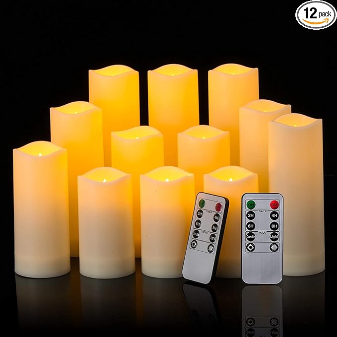 12 Pack Flameless Candles Battery Operated Waterproof Led Candles (D:2.2" X H:4" 5" 6" 7") Candles with 2 Remotes Contro for Wedding, Party, Birthday