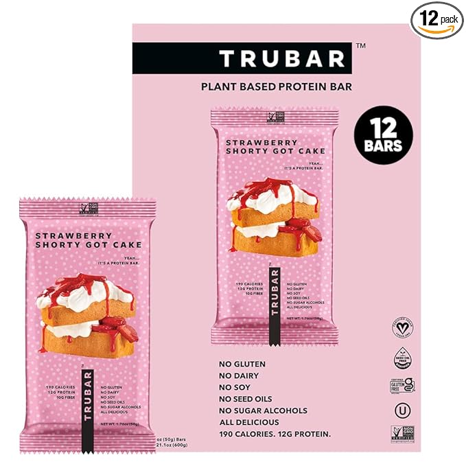 TRUBAR Vegan Protein Bar, Strawberry Shorty Got Cake, Gluten Free, Plant Based Protein, Dairy Free, Non GMO, Soy Free, No Sugar Alcohols, 12G Protein, 12G Fiber, 23G Carb, On the Go Snack Bars, 12 CT