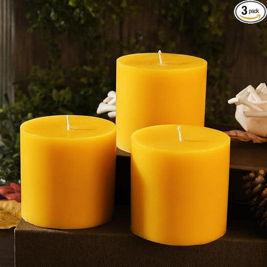 3x3 inch Natural Yellow Beeswax Pillar Candles - 3 Pack - 100% Pure Beeswax Candles, Long Burning, Unscented Smokeless & Dripless, for Emergency, Prayer, Home Decor, Relaxation