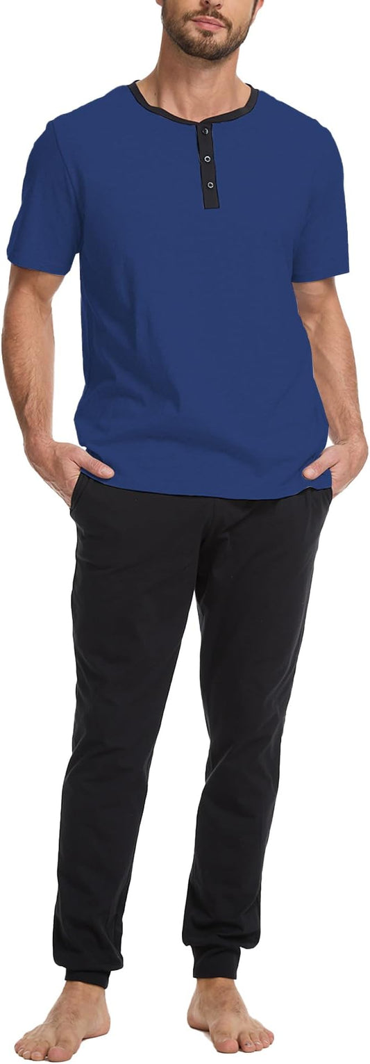 Men's Pajama Set with Henley Neckline 100% Cotton Soft and Comfortable Nightwear 2-Piece Lounge Set