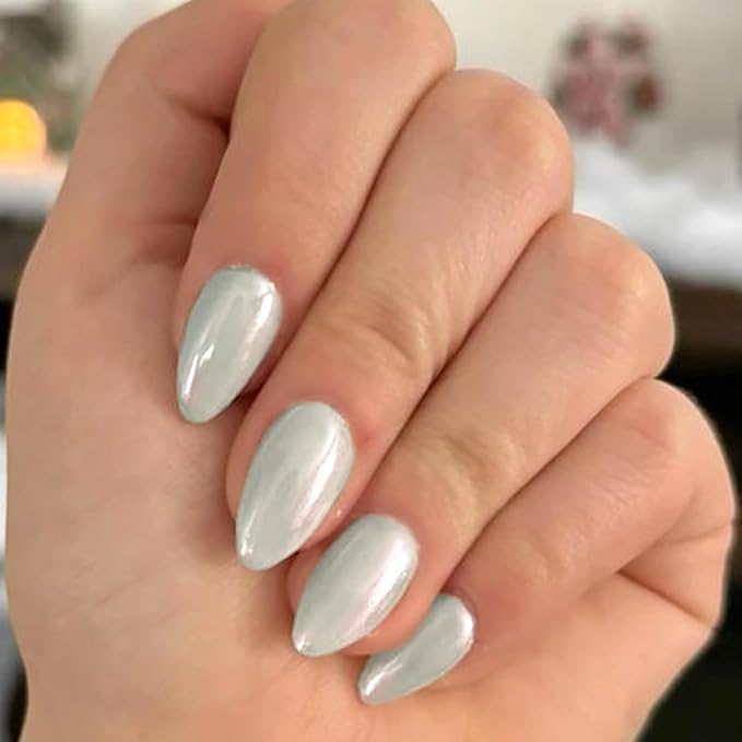 GLAMERMAID Pure White Eyes Press on Nails Short Almond, Chrome Handmade Glossy Gel Fake Nail Kit, Glazed Natural Glitter Magnetic Glue on Nail Stiletto, Medium Oval Stick on False Nail Set for Women