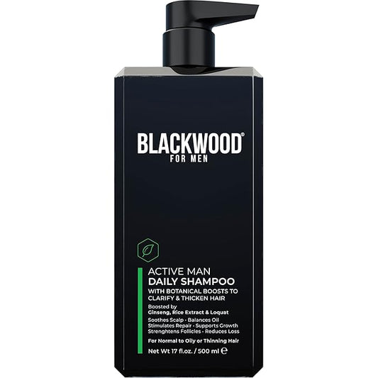 BLACKWOOD FOR MEN Active Man Daily Shampoo - Thickening & Clarifying Shampoo for Normal to Oily Hair or Scalp - Fights Hair Loss - Natural Vegan Formula - Sulfate Free with Ginseng & Aloe Vera (17oz)