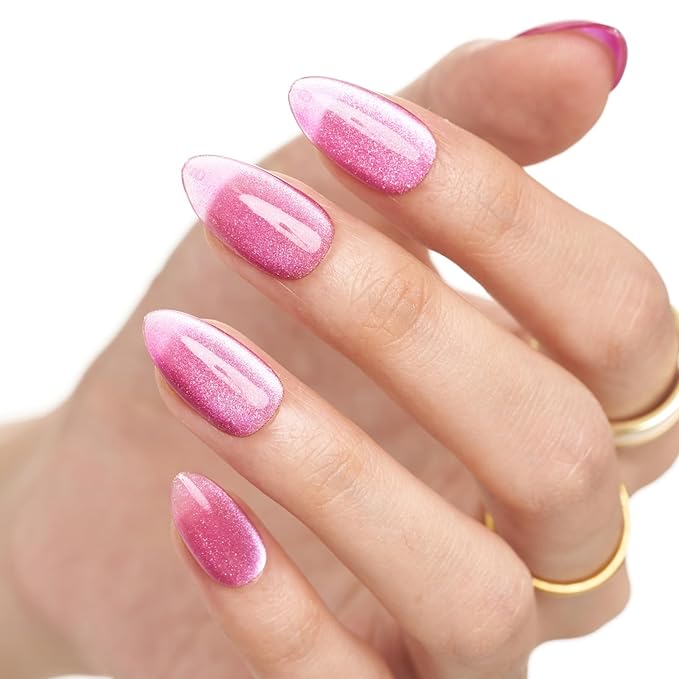 GLAMERMAID Pure Purple Magnet Cat Eye Press on Nails Short Almond, Carmine Handmade Jelly Gel Fake Nail Kits, Ombre Glitter Magnetic Glue on Nail Stiletto，Medium Oval Stick on False Nail Set for Women