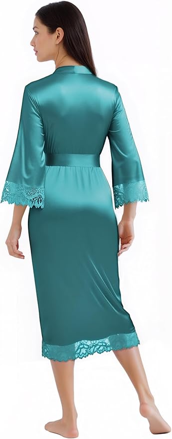 BABEYOND Satin Kimono Robe Silky Long Bridesmaid Wedding Lightweight Bath Robe with Lace Trim