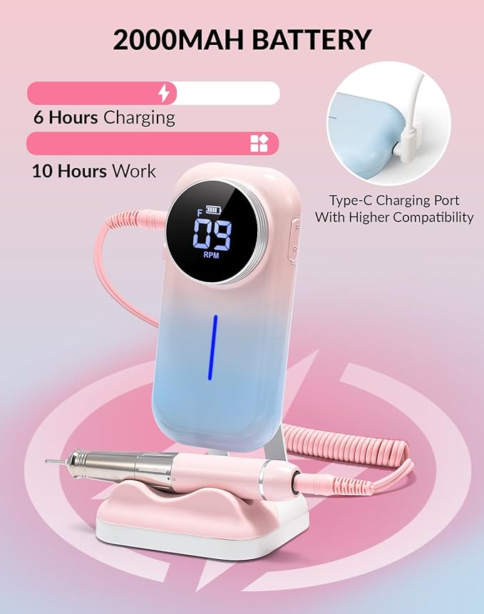 BAOSHISHAN Professional Nail Drill Machine, 20000RPM Electric Cordless Nail Drill with Base Pen Holder, Rechargeable Nail File 11 Drill Bits for Remove Gel Acrylic Nail