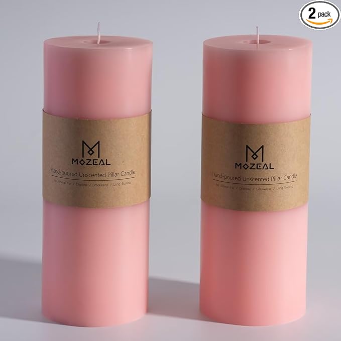 MOZEAL 4" x 10" Extra-Large Pink Pillar Candles (Set of 2), Unscented,Dripless, Smokeless,Long Clean-Burning,These Tall 10 inch Large Pink Pillar Candles Perfect for Weddings and Spring Decor