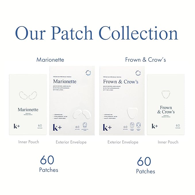 K+ Wrinkle Patches for Marionette, Smile Lines with Hyaluronic Acid, Adenosine and Peptides - Korean Overnight Mindful-Aging Facial Stickers (60 Count)