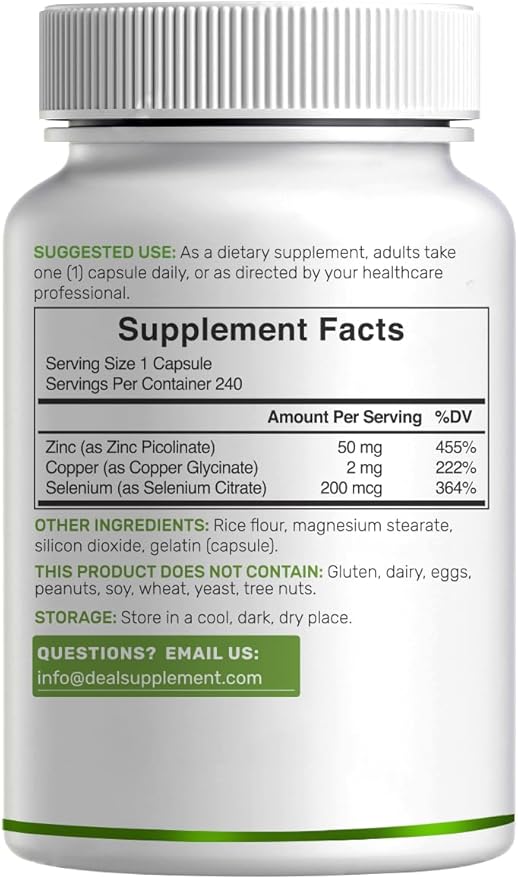 Deal Supplement Zinc 50mg with Selenium + Copper, 240 Capsules, 8 Month Supply, 3 in 1 Mineral Formula, Zinc Picolinate Complex Supplement, Supports Healthy Immune System for Adults and Kids