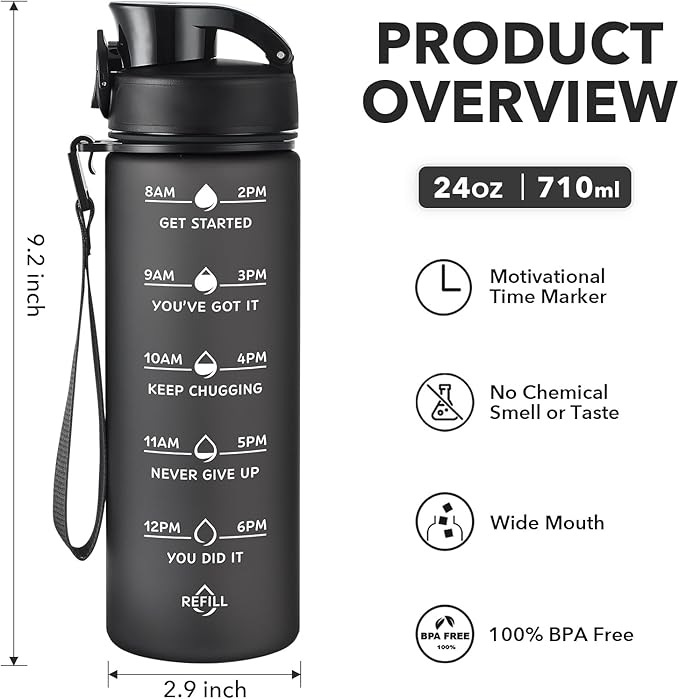 Enerbone Water Bottle, Leakproof BPA & Toxic Free, Motivational Water Bottle with Times to Drink and Straw, Fitness Sports Water Bottle with Strap for Office, Gym, Outdoor Sports