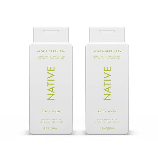 Native Body Wash Contains Naturally Derived Ingredients | For Women & Men, Sulfate, Paraben, & Dye Free Leaving Skin Soft and Hydrating |Aloe & Green Tea 18 oz - 2 Pk