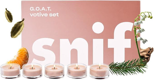 Snif G.O.A.T. Votive Candle Set, 5 Premium Scented Candles, 100% Cotton Fiber Wicks, Soy Wax Blend, Non-Toxic, Vegan