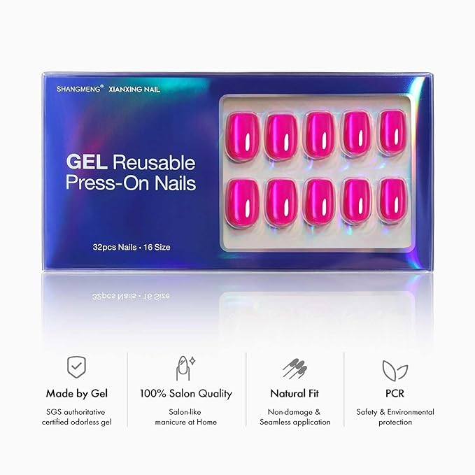 Hot Pink Press on Nails Short - Cat Eye Press on Nails Square for Women Gift, Natural Fit & Glossy Stick on Nails in 16 Sizes - 32 Reusable Soft Gel Fake Nails with Glue, Hot Pink