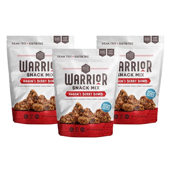 BeeFree Warrior Mix Gluten Free Granola - Chunky Granola Bites | Paleo, Low Carb, Grain Free, Preservative Free, Oat Free | Low Calorie Snacks | Hagen’s Berry Bomb, 9 Ounce Bags, 3 Pack
