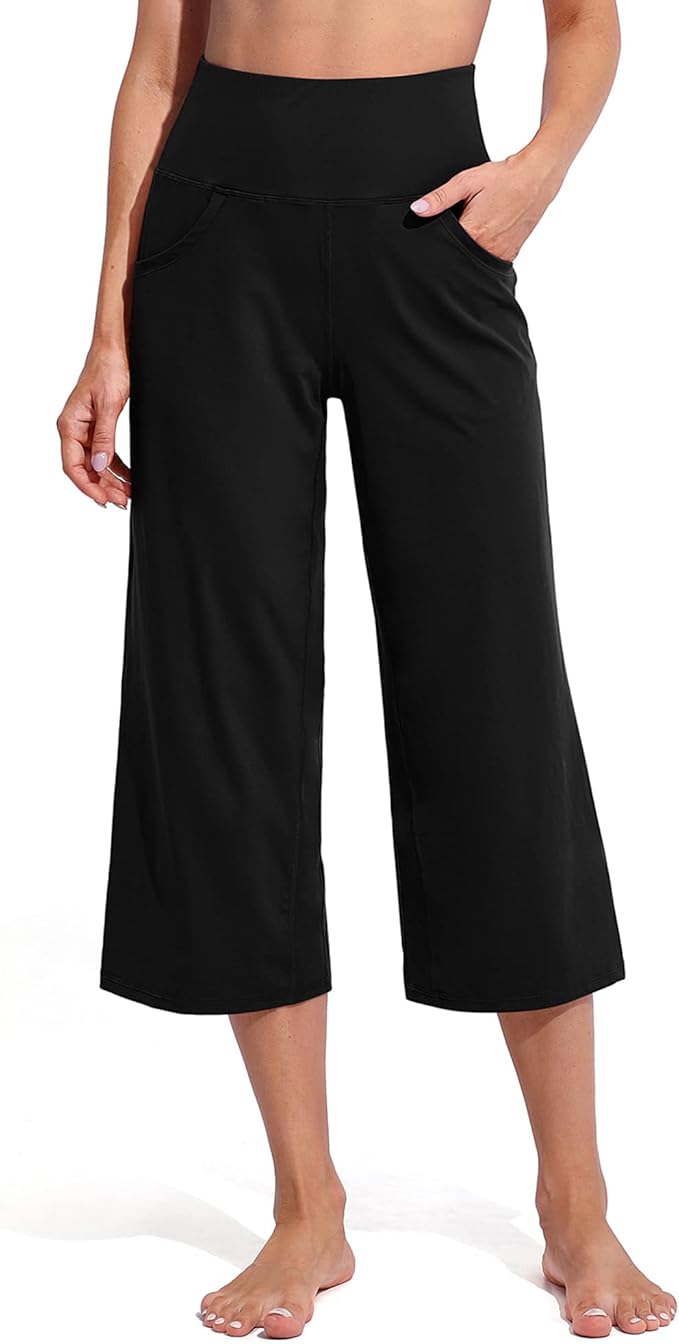 Promover Capri Pants for Women Wide Leg Yoga Cropped Pants with Pockets Loose Casual Summer Pants