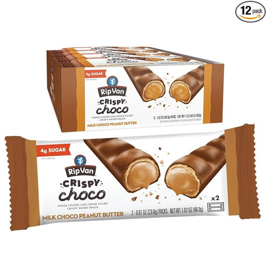 Rip Van Crispy Choco - Chocolate Coated Peanut Butter Wafer Bars - Low Sugar Fudge and Peanut Butter Cream Filled Snack - 12 Pack