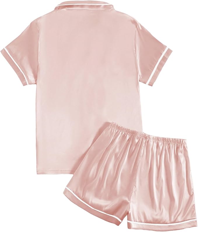 LYANER Women's Satin Silky Short Sleeve Button Shirt Sleepwear 2Piece Pajama Set