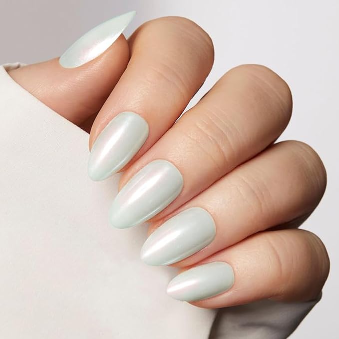 GLAMERMAID Pure White Eyes Press on Nails Short Almond, Chrome Handmade Glossy Gel Fake Nail Kit, Glazed Natural Glitter Magnetic Glue on Nail Stiletto, Medium Oval Stick on False Nail Set for Women