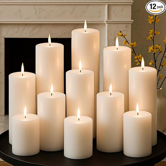 White Pillar Candles Set, 12 Packs, 2.8 in x 4, 6, 8 Inch Assorted Size Unscented Pillar Candles Bulk for Home Decor, Long Burning Candle for Emergency, Holiday Dinner, Dripless & Smokeless