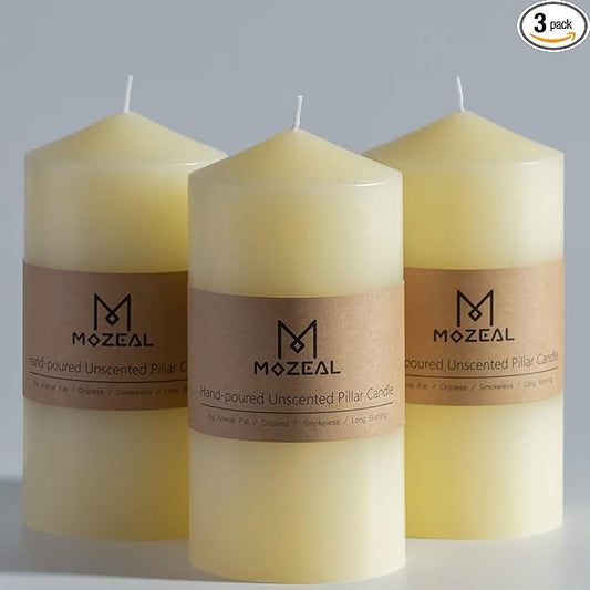 MOZEAL 3" x 6" Hand-Poured Unscented Ivory Pillar Candles,Dripless Candles Set of 3,Long Lasting Burning,Approx 100 Hours Burn Time for Wedding,Dinner,Christmas and Home Decor