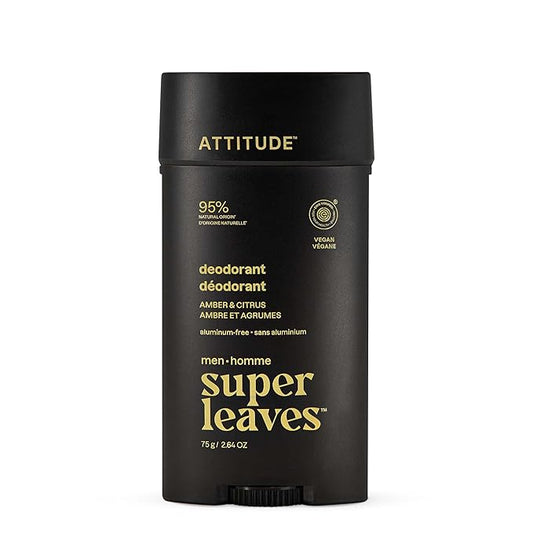 ATTITUDE Aluminum-Free Deodorant for Men, 95% Natural Origin Ingredients, EWG Verified, Plant Based Odor Control, With Baking Soda, Amber & Citrus, 2.64 Oz