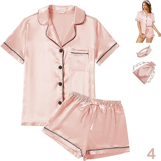 4Pcs Womens Satin Silky Pajama Sets Short Sleeve Shirt XS-4XL Floral Pajamas Set Soft PJ Loungewear Sleepwear