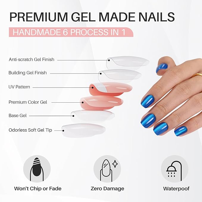 Blue Cat Eye Press on Nails Square - Soft Gel Press on Nails Short for Women Gift, Fit Perfectly & Natural Stick on Nails with Glue in 16 Sizes - 32 Reusable Fake Nails, Royal Blue