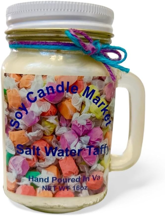Soy Scented Candles | Handmade & Highly Aromatic Candles Burns Upto 85 Hours in Glass Jar - Perfect for Home Decor, Wedding, Birthday, Dinner (Salt Water Taffy, 16 oz)