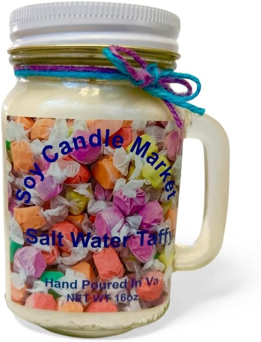 Soy Scented Candles | Handmade & Highly Aromatic Candles Burns Upto 85 Hours in Glass Jar - Perfect for Home Decor, Wedding, Birthday, Dinner (Salt Water Taffy, 16 oz)