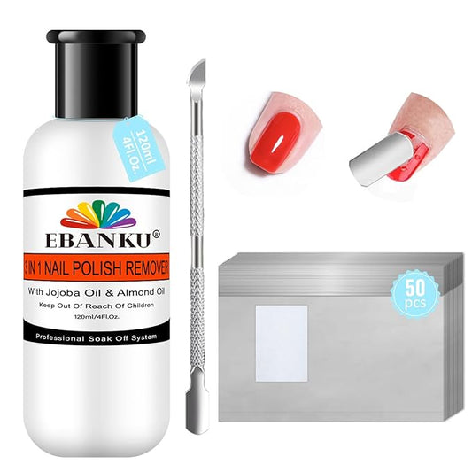 EBANKU Nail Polish Remover Kit, 120ML Professional Soak off Gel Remover with 50pcs Nail Foil and Tools for Nail Moisturizing & Care, Acrylic Dip Powder Nails Remover