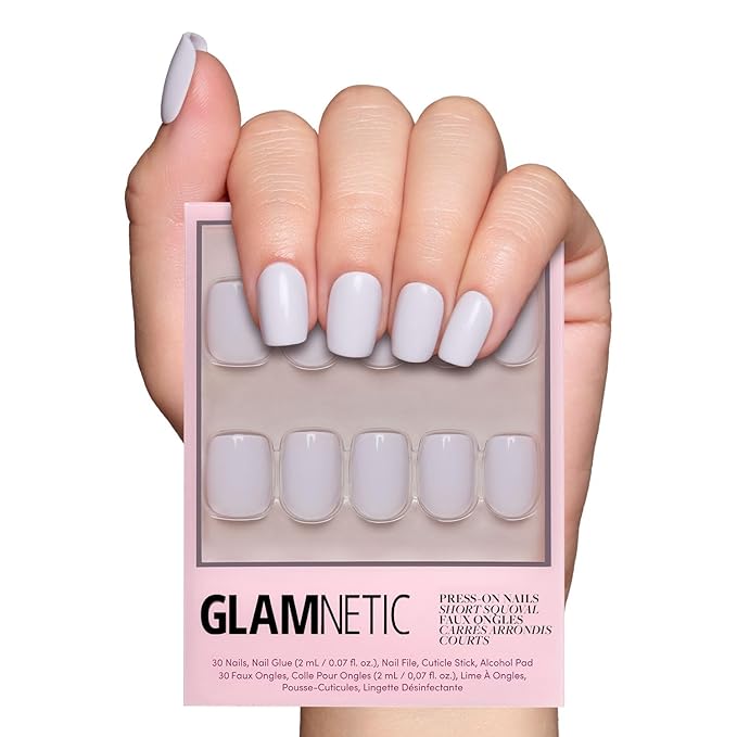 Glamnetic Press On Nails - Lilac Gray | Opaque Pale Light Lilac Gray Short Squoval Fake Nails, Salon Quality | 15 Sizes - 30 Nail Kit