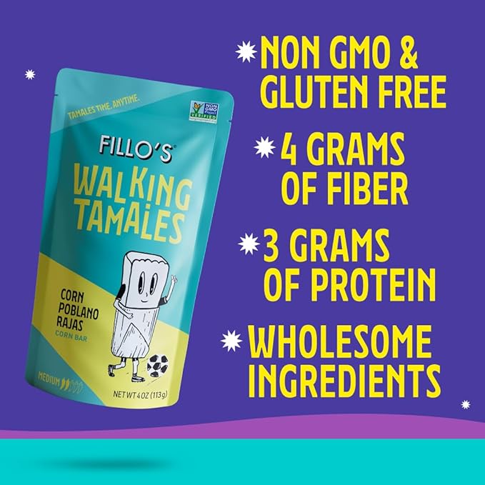 Fillo's Walking Tamales Corn Poblano Rajas, Pk of 7, Ready-to-Eat, Delicious, Gluten-Free, Preservative-Free, Vegan Friendly, Microwavable, Non-GMO