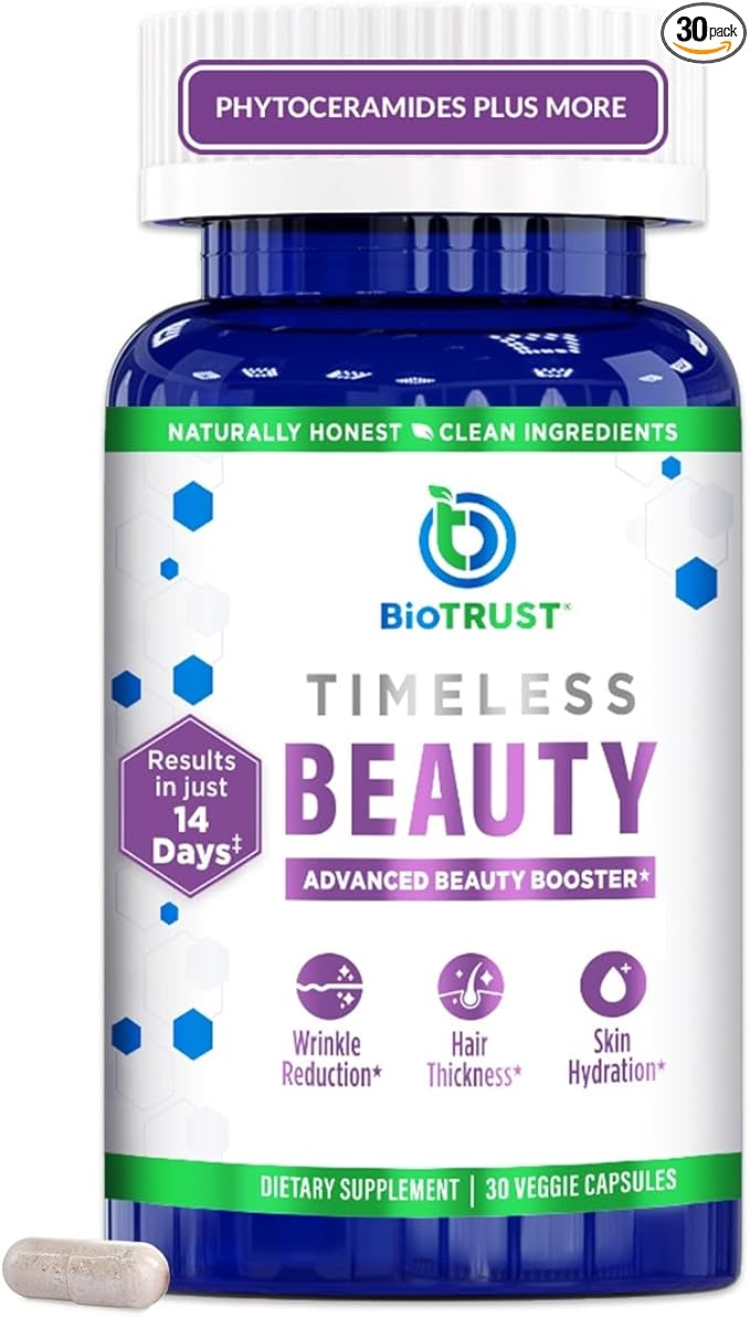 BioTrust Timeless Beauty Ceramide Booster – Hair & Skin Restoring Phytoceramides Supplement + Vitamin C, Vitamin E, Biotin, Zinc, Hyaluronic Acid – Potent Blend for Hair, Skin & Nails - 30 Capsules