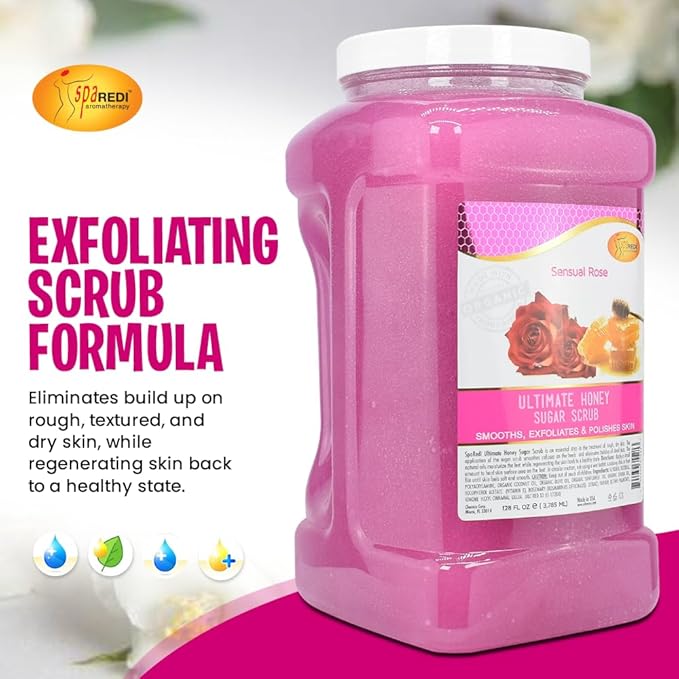SPA REDI – Sugar Body Scrub, Sensual Rose, 128 Oz, Exfoliating, Moisturizing, Hydrating and Nourishing, Glow, Polish, Smooth and Fresh Skin - Body Exfoliator