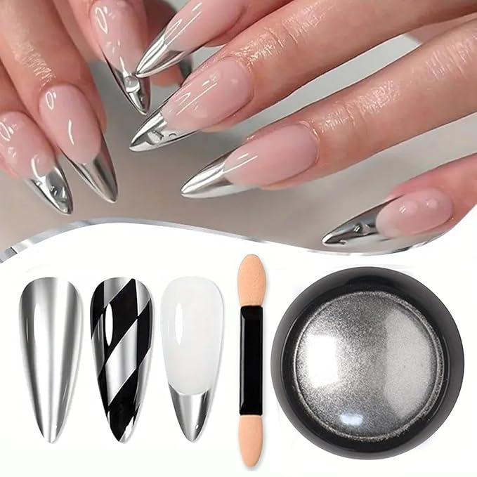 Holographic Mirror Nail Powders Chrome Silver Effect Pure Metallic Dust Sequins UV Gel Nail Chrome Pigment for Nail Art Decoration,Silver Chrome Nail Powder