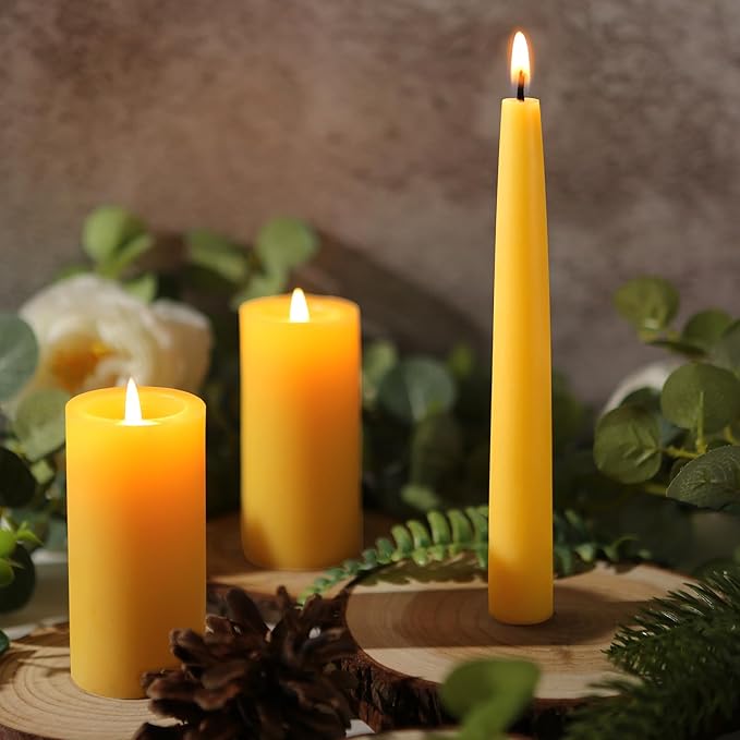 Beeswax Taper Candles,8in Pure Beeswax Candles Bluk-6 Pcs,8 Hours Long Burning Bees Wax Candle for Home,Dripless Smokeless Taper Candle Sticks for Prayer,Party,Unscented Natural Taperd Candles
