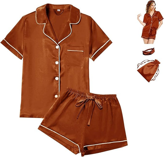4Pcs Womens Satin Silky Pajama Sets Short Sleeve Shirt XS-4XL Floral Pajamas Set Soft PJ Loungewear Sleepwear